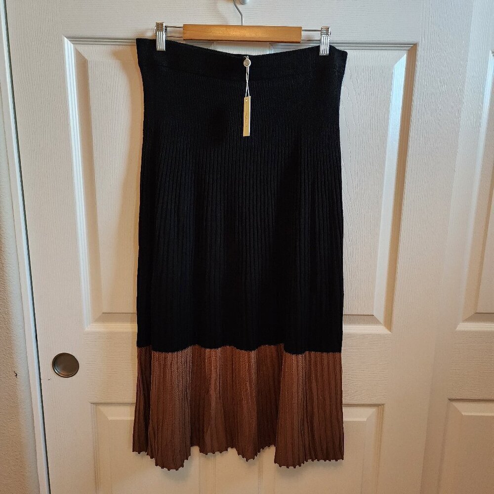 Max Studio Pleated Colorblock Black Brown Midi Skirt Large